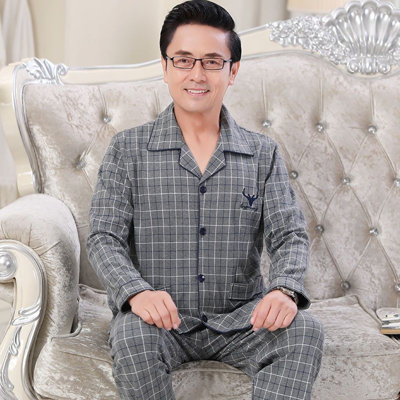 Pijamas hombres primavera y otoño manga larga 100% algodón de mediana edad y ancianos papá algodón más tamaño traje de desgaste para el hogar de los hombres