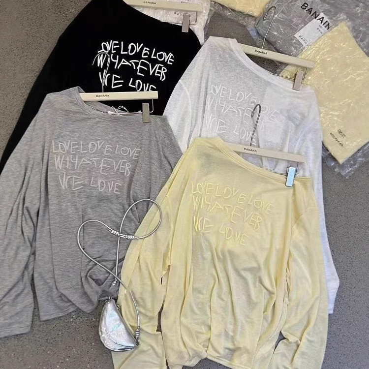 Korean Summer Fashionable Slanted Collar Foam Letter Print Lazy Long-Sleeved T-Shirt Sun Protection Shirt Women's Loose Off-Shoulder Top Korean Summer Fashionable Slanted Collar Foam Letter Print Lazy Long-Sleeved T-Shirt Sun Protection Shirt Women's Loose Off-Shoulder Top