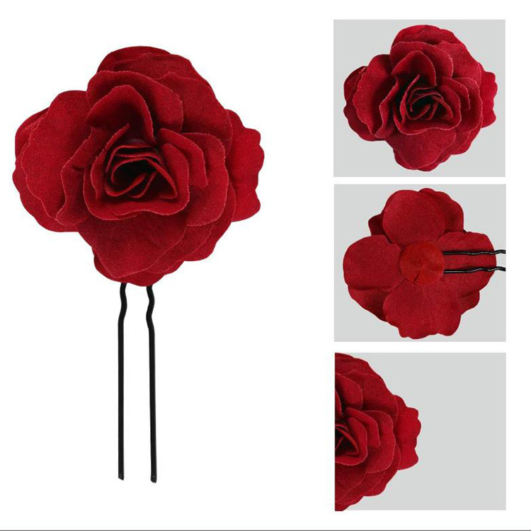 Tocado nupcial rosa roja cabeza flor horquilla clip en forma de U accesorios horquilla tostada Ropa Accesorios para el cabello boda femenina