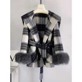羊驼毛连帽羊绒高端外套可拆卸狐狸毛双面呢格子大衣格纹24秋冬