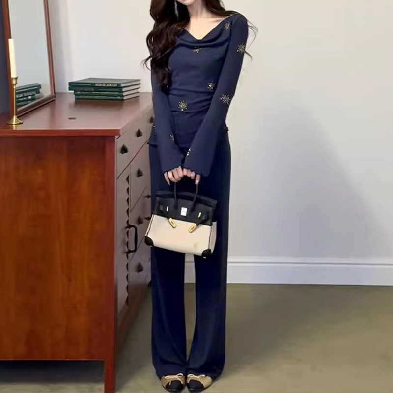 2025早秋新款一整套长袖荡领上衣高腰阔腿长裤针织套装女两件套潮|undefined