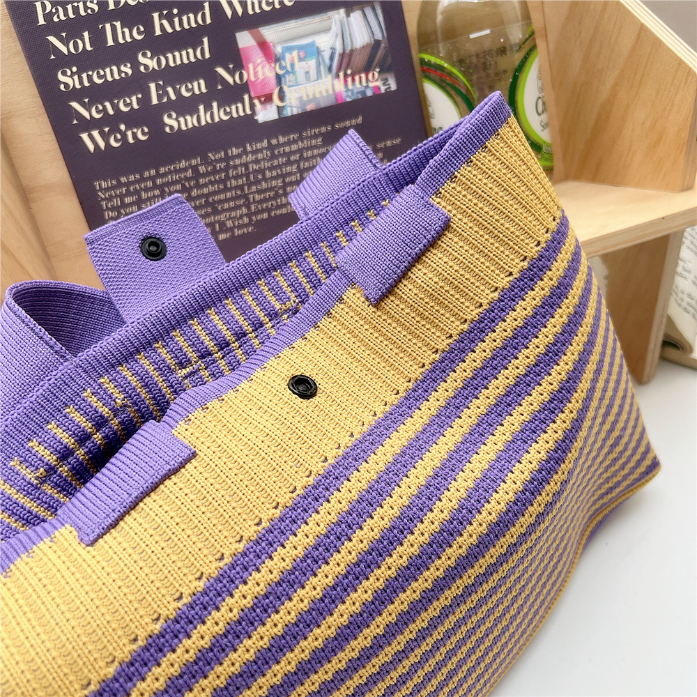 202g Weight Polyester Lining Material Buckle Closure Type Double Shoulder Straps Strap Type Tote Bag Bags Type Daily, Shopping Occasion Knit Material Stripe Pattern All Seasons Season Women's Gender Classic Style Style Medium Size Women's Medium Knit Stripe Classic Style Buckle Tote Bag 无