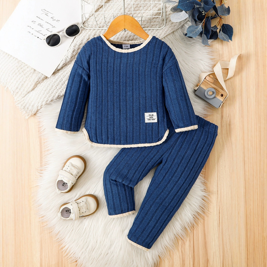 新款柔软撞色男婴童长袖长裤休闲套装日常休闲居家服两件套批发