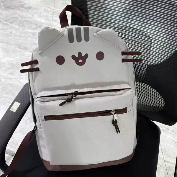 Cartoon Canvas Bear Backpack with Chubby Cat Design, Versatile and Cute, Brown Soft Girl Style, New Light Gray Student Large Capacity