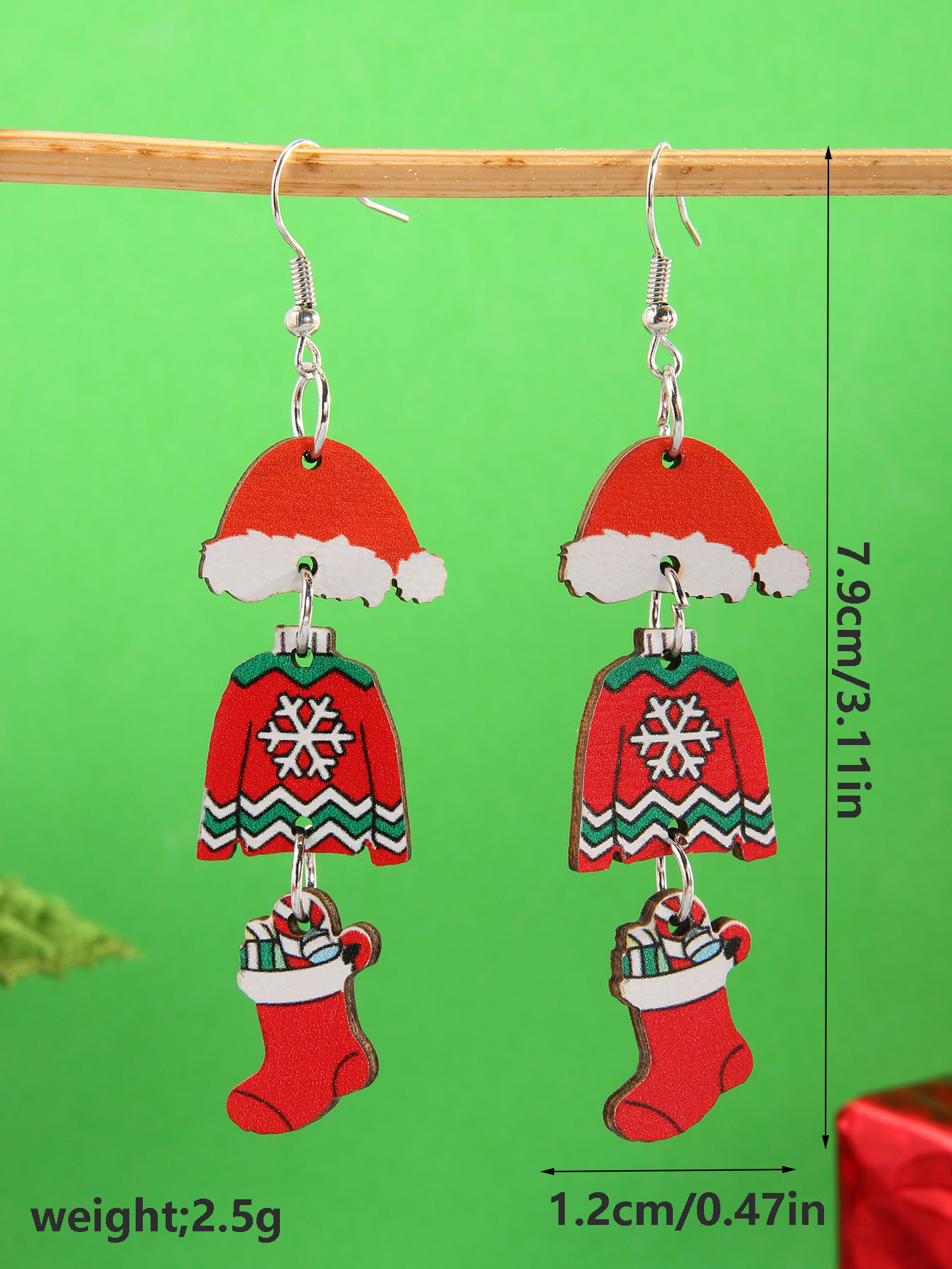 6g Weight Steel needle Ear Needle Material Drop Earrings Classification 1 Pair Quantity Holiday, Festival Occasion Wood Material Christmas Festival Christmas Hat, Christmas Tree, Christmas Socks Pattern Women's Gender Plating Design Simple Style, Classic Style Style 1 Pair Christmas Simple Style Classic Style Christmas Hat Christmas Tree Christmas Socks Plating Wood Drop Earrings 9