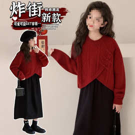 跨境两件套女童冬季连衣裙套装女大童红色毛衣背心裙两件套拜潮流