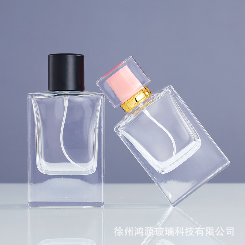 Botella de spray de vidrio 50ml de material blanco de cristal de alta carga Botella de dispensación de spray de perfume de vidrio Botella cuadrada plana de fondo grueso transparente