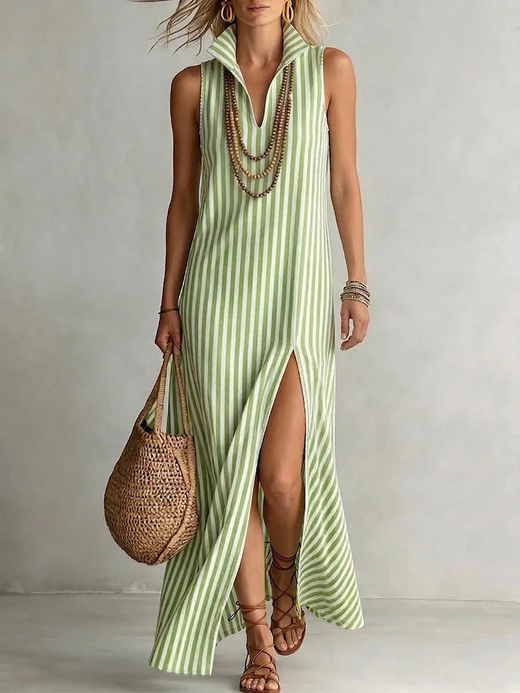 Women's Clothing Striped Stand Up Collar Sleeveless Slit Maxi Dress Women's For Formal & Casual For Women Printed V Neck_ecoleips.com