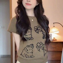 2026新款兔子提花针织衫女夏季百搭修身小高领短袖显身材正肩上衣