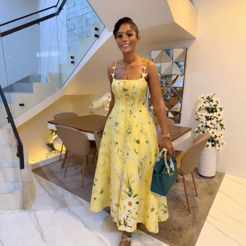 European and American Cross-Border Women's Fashion 2026 New African Style Fresh Print Button Slit Strap Mid-Length Waist-Cinching Dress European and American Cross-Border Women's Fashion 2026 New African Style Fresh Print Button Slit Strap Mid-Length Waist-Cinching Dress