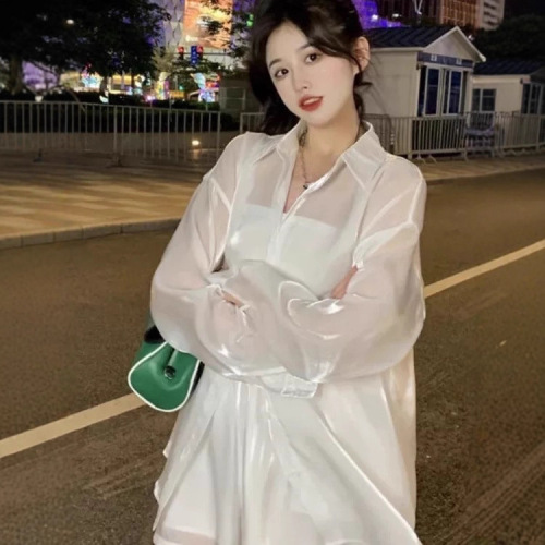 Women's Pearlescent Sunscreen Shirt 2025 New Thin Sheer Ethereal Unique Cardigan Chiffon Top