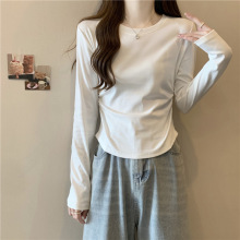 外贸美式实拍纯棉长袖打底衫女新款弧形下摆不规则T恤纯色上衣