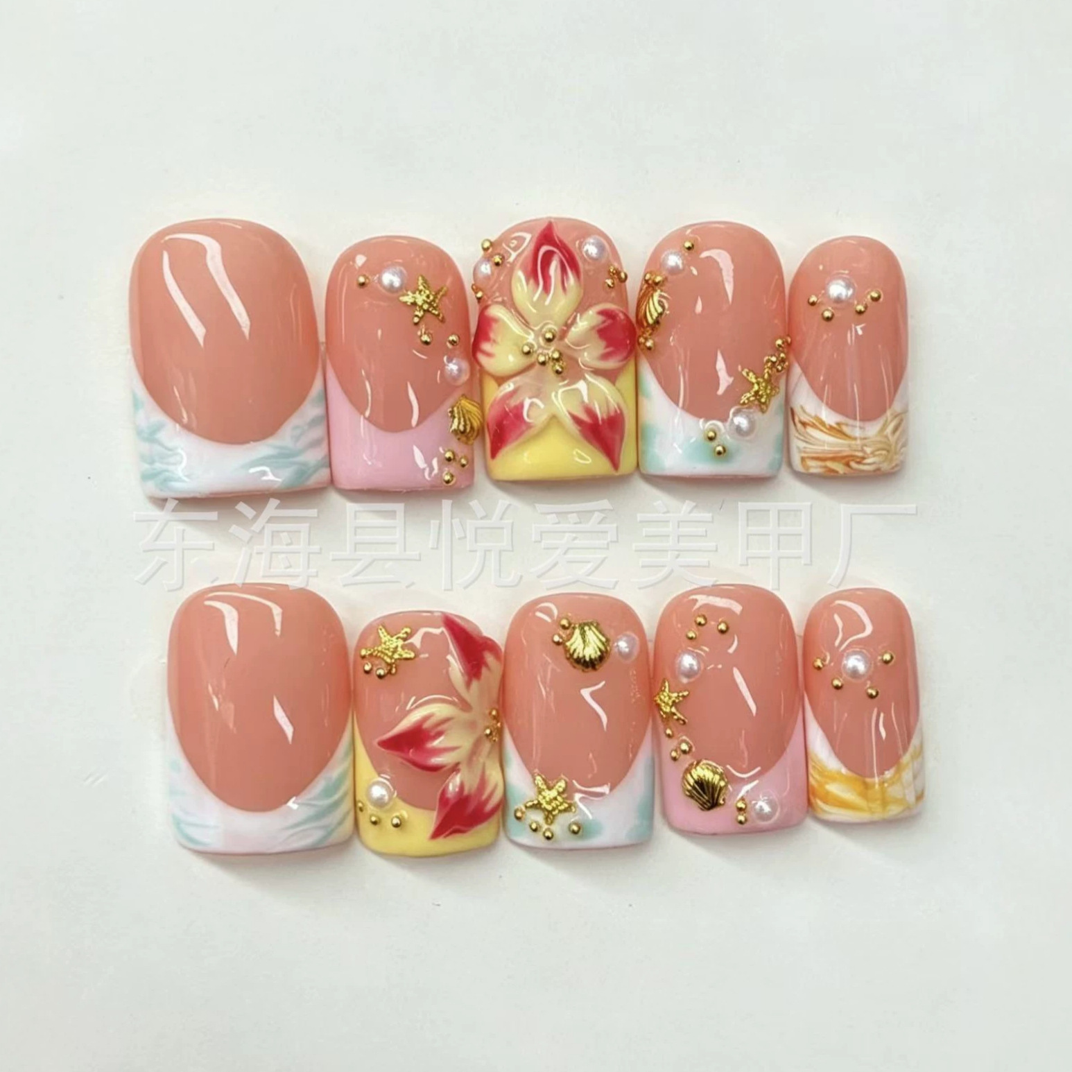 Handmade summer beach press-on nails with 3D flowers, starfish, shells, and glitter, European-style short square fake nails, cross-border wholesale