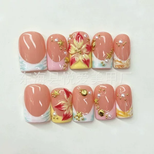 Handmade summer beach press-on nails with 3D flowers, starfish, shells, and glitter, European-style short square fake nails, cross-border wholesale