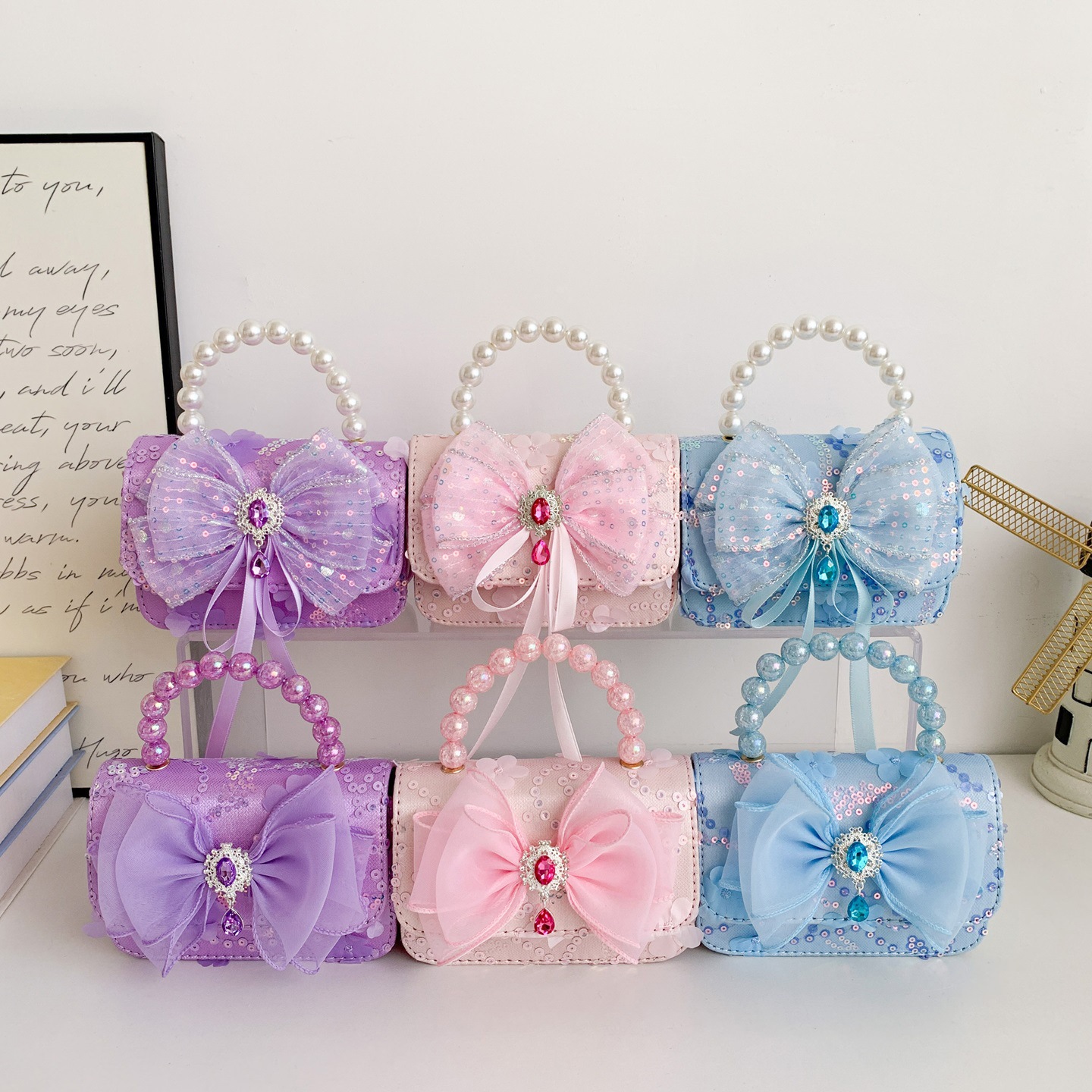 New Cross-Border Bowknot Children's Bag Princess Crossbody Handbag Shoulder Bag Small Chanel-Style Fashion Beaded Coin Purse