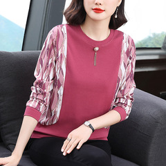 时尚拼接长袖T恤女秋季上衣中年妈妈减龄洋气女装欧美跨境批发