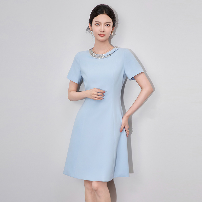 2510311-French Focus Series Heavy Embellished Collar Dress for Women, Summer Bow Light Gown by Nanyou