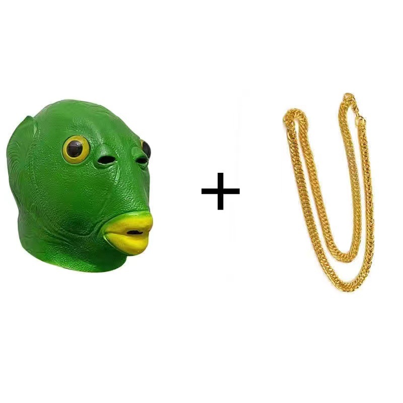 Fábrica directa tiktok mismo estilo cabeza de pescado cubierta máscara verde cabeza pescado hombre lindo divertido arena talla verde cabeza monstruo animal