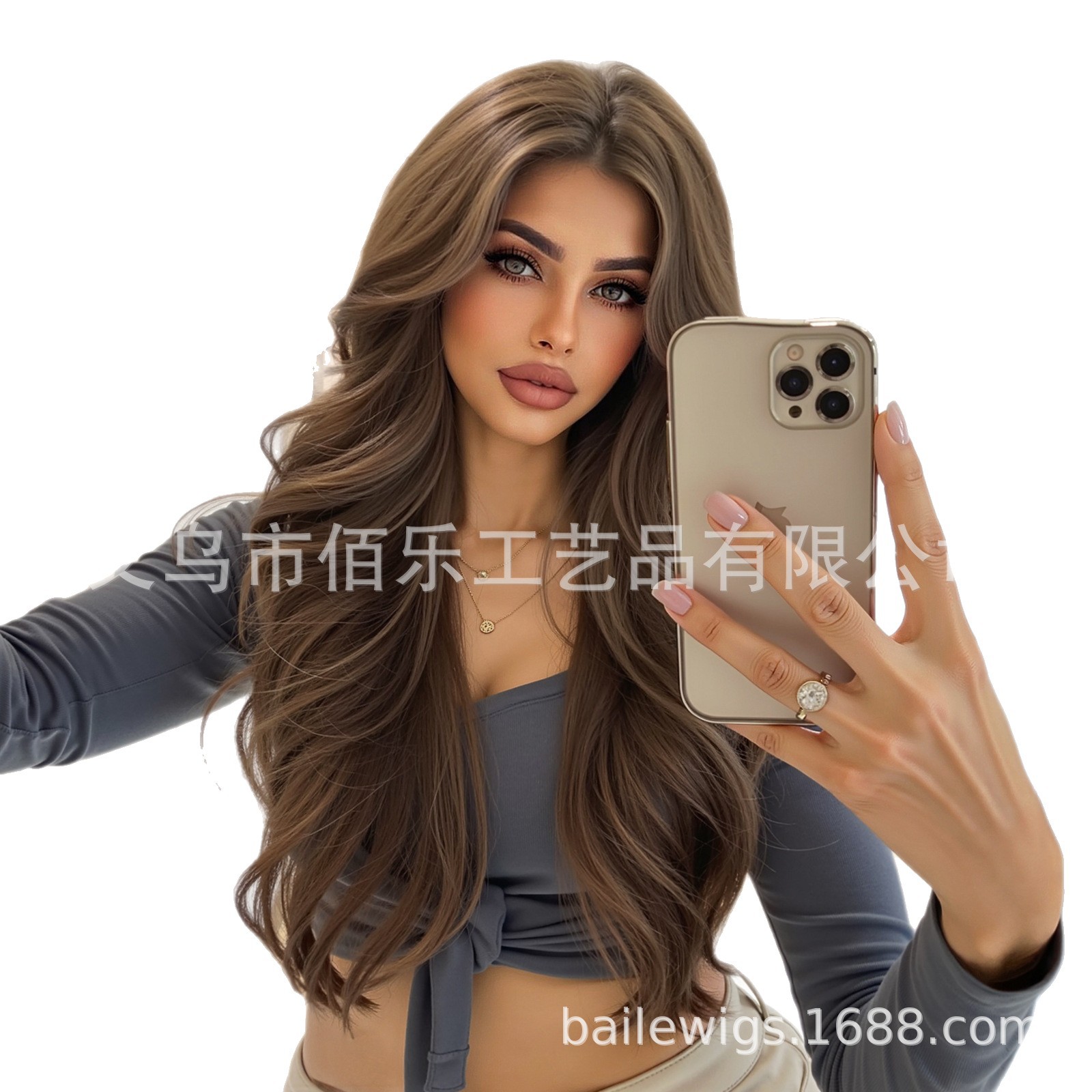 Peluca marrón natural, cabello rizado de longitud media, cubierta de cabeza completa, fibra química, wigs femeninos, Europa y América, spot transfronterizo al por mayor