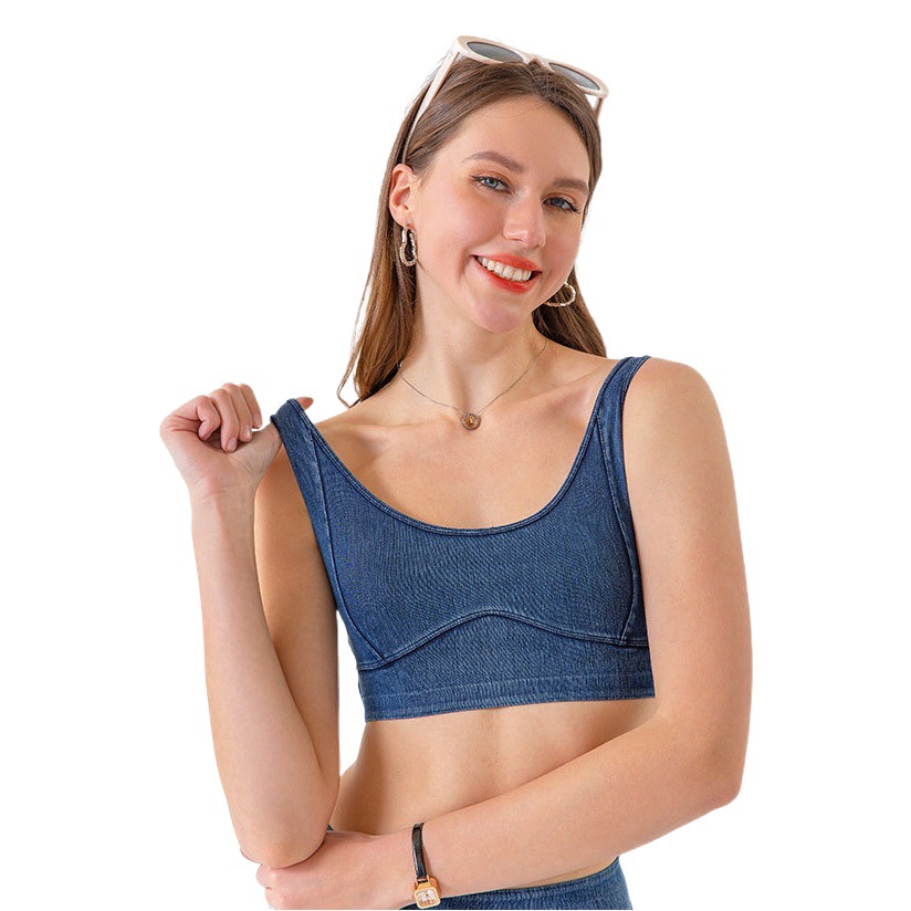 Europea y americana transfronteriza nueva Denim yoga ropa interior deportiva de las mujeres apretado estiramiento de alta resistencia a prueba de golpes push up fitness sujetador