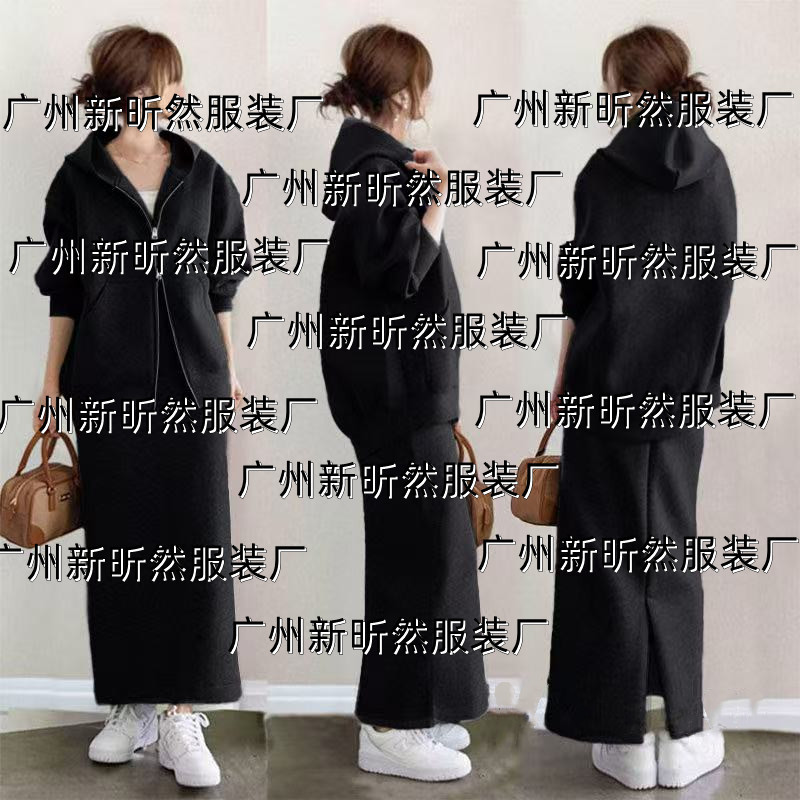 3色现货2025春秋热卖连帽拉链卫衣外套+半身裙休闲套装女