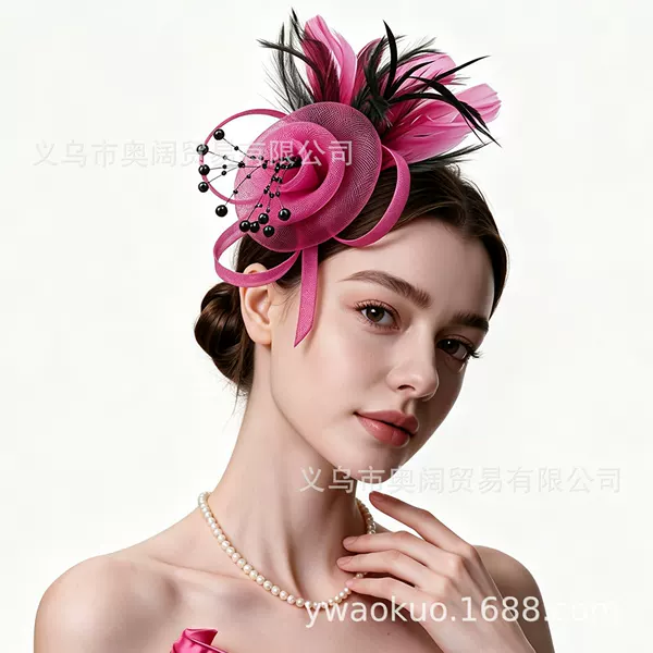 Cross-border European and American racing season ball party vintage headwear bridal hair accessory feather headpiece with beads and flowers mesh headband