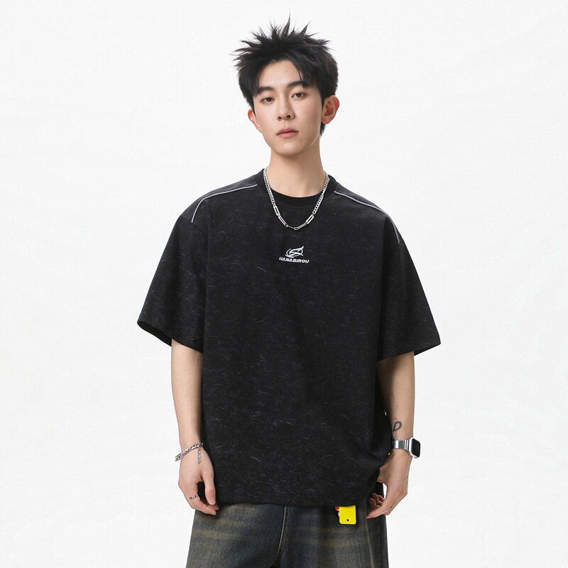 Reflective Stripe Letter Embroidery Short-Sleeve T-Shirt for Men, Summer Pure Cotton Loose Fit, Faux Tie-Dye Vintage Trendy Half-Sleeve Tee Shirt