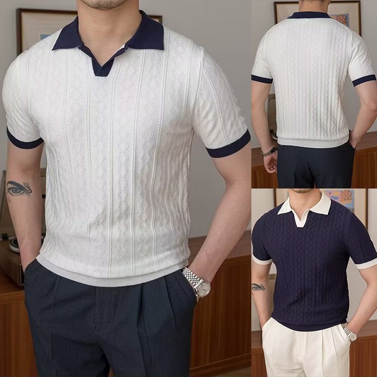 Polo camiseta de punto camiseta de manga corta hombre cuello en V cuello gaviota color de textura vieja camiseta de viento de verano fábrica transfronteriza al por mayor
