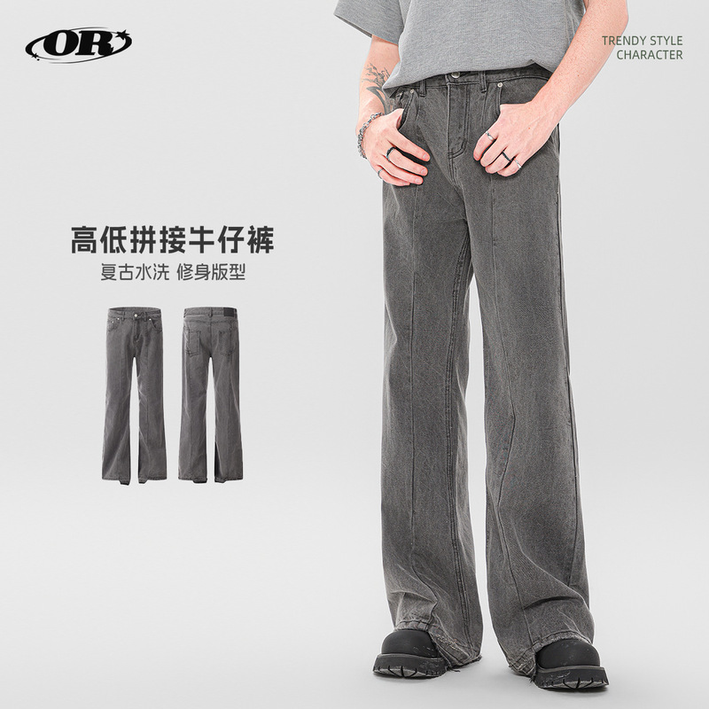 OREETA design high and low stitching washed slim jeans high street cleanfit straight jeans men