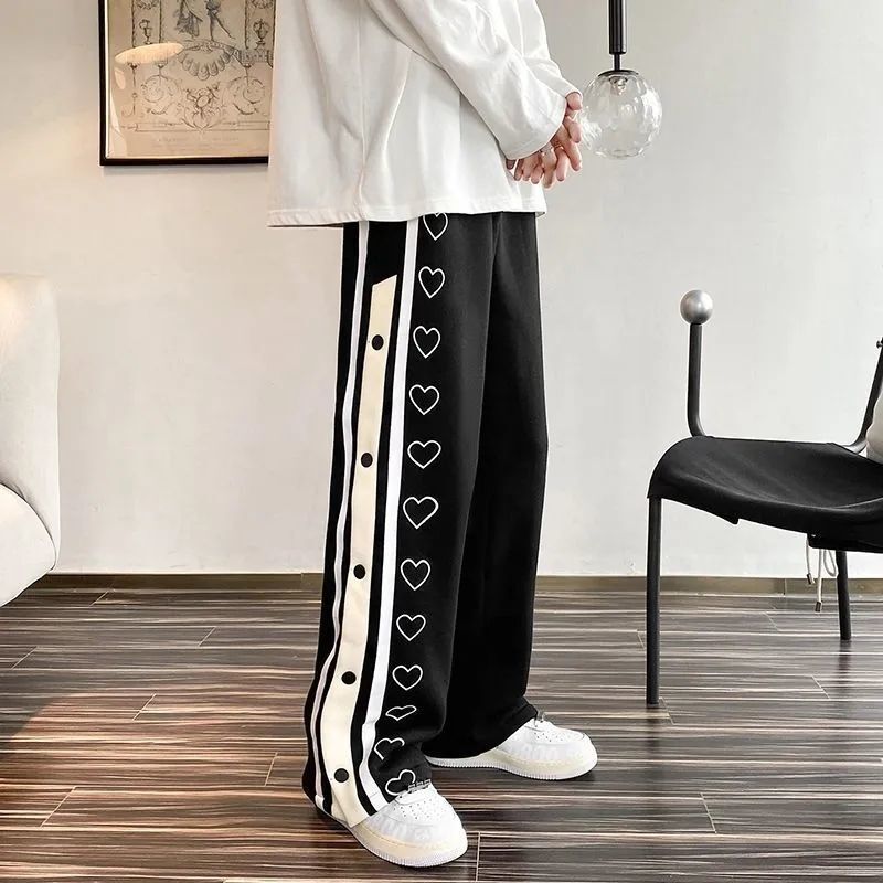 High Street Trendy Brand Love Sports Pants Men's Thin Design Sense Breasted Wide Leg Casual Pants Loose All-match Straight Pants