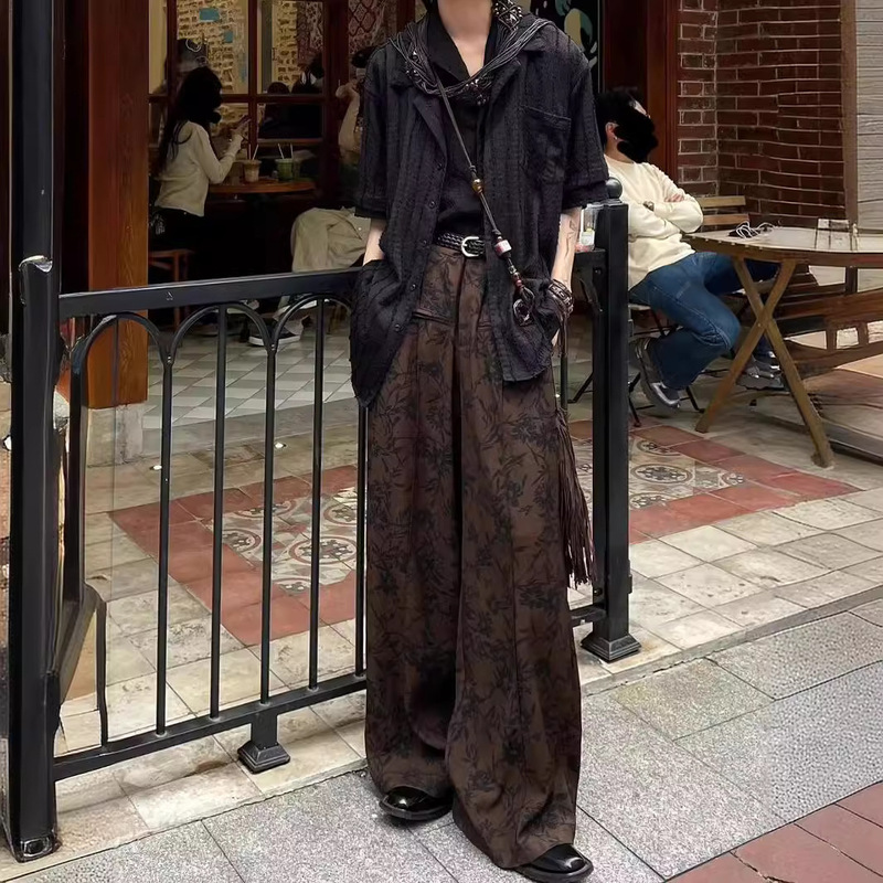 Retro Small New Chinese Style Japanese Ink Flower Wide Leg Pants Stacked Pants Non-ironing Casual Long Pants for Men