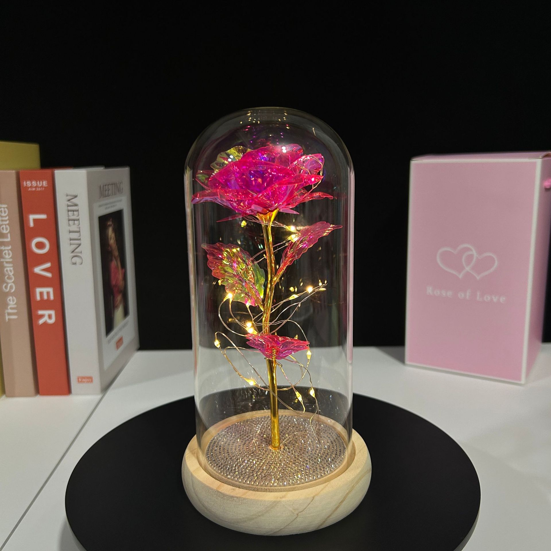 Adorno de cúpula de cristal con flor preservada, rosa seca en caja de regalo, regalo creativo para el Día de San Valentín, Navidad, para novia