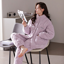 睡衣女士冬季三层加厚加绒夹棉珊瑚绒可外穿秋冬天保暖家居服套装