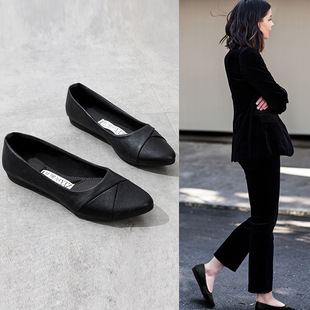 Work Shoes Women's Black Not Tired Foot Beef Tendon Soft Sole Women's Single Shoes Comfortable Shallow Mouth Flat Shoes Leather Shoes Professional Work Shoes