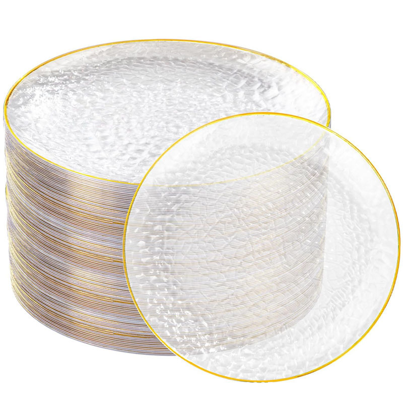 Cross-Border Supply of Disposable Plastic Transparent Gold-Rimmed Hammered Plates, Stone-Pattern Dinner Plates, and Tableware for Holiday Gatherings Cross-Border Supply of Disposable Plastic Transparent Gold-Rimmed Hammered Plates, Stone-Pattern Dinner Plates, and Tableware for Holiday Gatherings