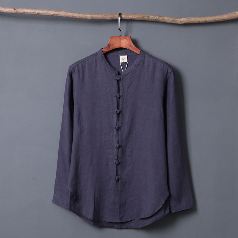 100% Linen Youth Chinese Style Shirt Men's Long Sleeve Loose Fit Autumn Top Thin Literary Casual Shirt