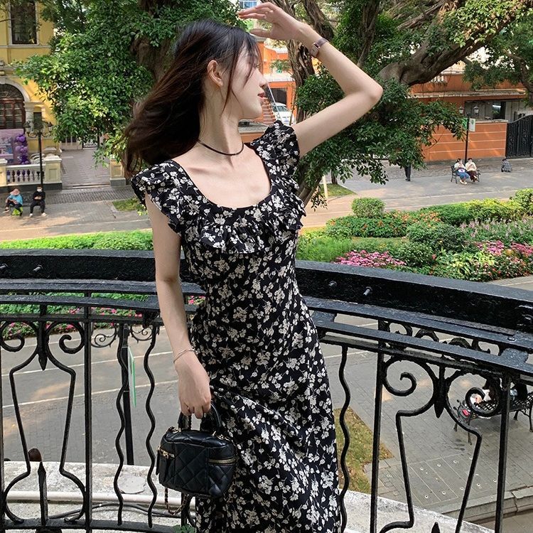 Floral Dress for Women, Summer Style with Small Flutter Sleeves, New Black Elegant Long Dress, Fashionable Tie-Waist Sleeveless Mid-Length Style