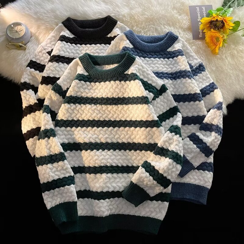 Ancient Contrast Striped Mohair Crewneck Sweater for Men and Women Autumn and Winter Loose Couple Soft Waxy Sweater Ancient Contrast Striped Mohair Crewneck Sweater for Men and Women Autumn and Winter Loose Couple Soft Waxy Sweater