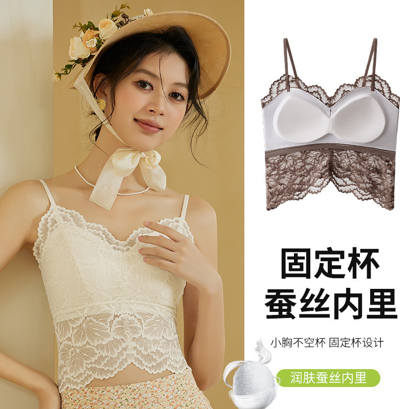 Summer Lace Thin Small Camisole Fixed Cup Tube Top Inner Wearing Outer Wearing Anti-running Light Underwear Beautiful Back Wrap for Women