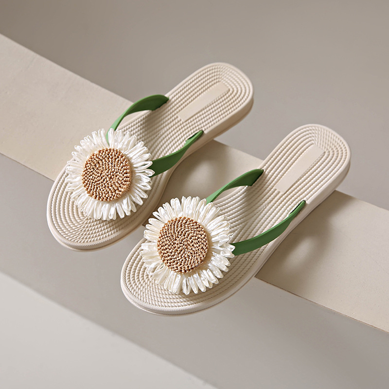 Summer Sunflower Rope Straw Travel Outdoor Flip-flops Women, Flat-soled Thong Sandals For The Beach_voghion.com