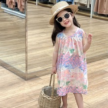 韩国童装女童裙子2024夏装小清新绑带碎花裙无袖连衣裙公主裙跨境