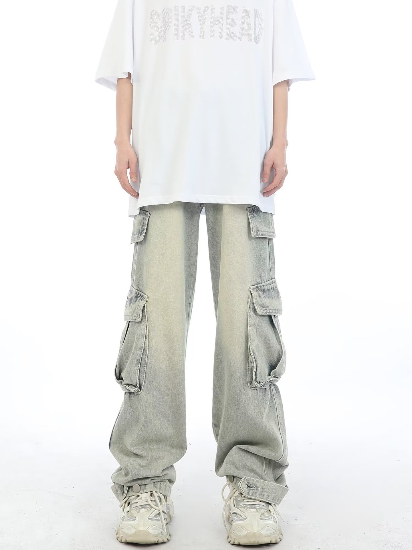 Jeans cargo multitasche stile retrò americano da uomo, pantaloni lunghi lavati vintage, stile streetwear pesante_voghion.com