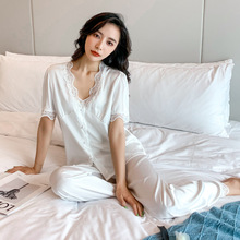 夏季短袖长裤睡衣女冰丝套装开衫纯色家居服丝绸蕾丝时尚韩版两件