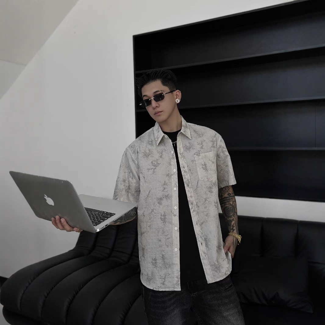 Men's Summer Cool Feeling Tencel Shirt Men's Short Sleeve Summer Ink Printing Ice Silk Shirt Jacket 2164