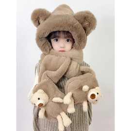 冬季儿童帽子围巾手套一体加绒女童保暖加厚护耳宝宝三件套亲子