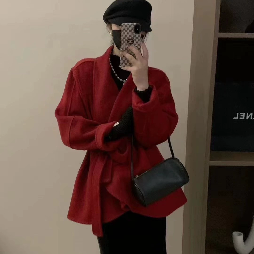 Популярные онлайн-знаменитости 2023 Новое двустороннее шерстяное пальто, Короткое шерстяное пальто в маленькую клетку с большим воротником в наличии