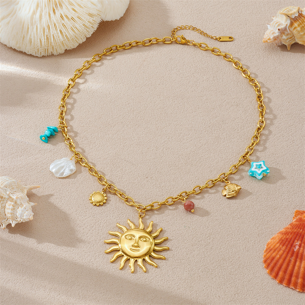 Holiday Style Sun Tropical Fish Star Sunflower charm Gold-Plated Stainless Steel Necklace