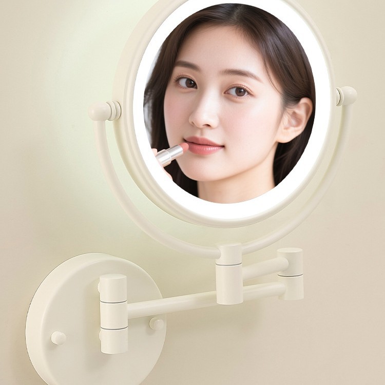 Bathroom Retractable Makeup Mirror Led with Light, Punch-Free Wall-Mounted Foldableing Hotel Bathroom Double-Sided Makeup Magnifying Mirror
