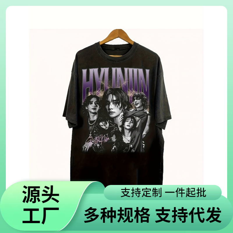 [European Size Cotton t] 90S Retro K-Pop Bootleg Style Stray Hyunjin Printed T-Shirt - Eye-Catching H