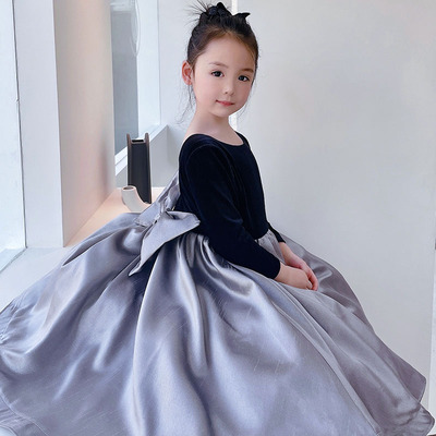 TK21562DR女童装泰丝绒深V后领蝴蝶结奢华气场裙摆钢琴生日礼服裙
